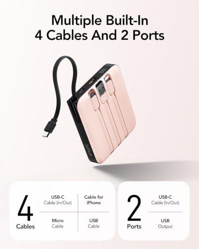 Image of VRURC Portable Charger for iPhone Built-in Cables, 22.5W USB C Fast Charging 10000mAh Pocket Power Bank, Battery Pack for iPhone 17 /16 /15 & Samsung Galaxy Android Phone, Pink(1 Pack)