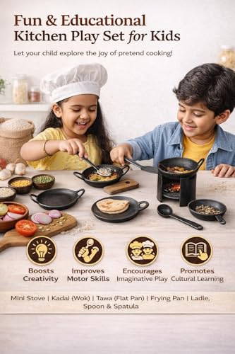 Image of Miniature Kitchen Set for Kids | Iron Toy Real Cooking Set with Stove, Tawa, Kadai & Utensils | Pretend Play Kitchen Set for Boys & Girls | Traditional Indian Mini Toy Set of 12pcs