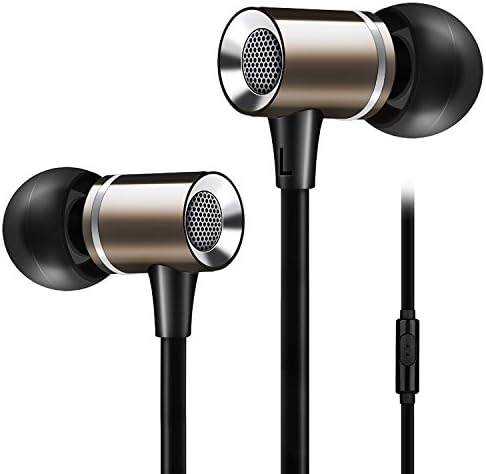 Ear buds, Bass Noise Cancelling Earbuds Flat Cord In-ear Headphones Wired Ear Phones with Microphone for Computer Laptop Android iPhone - Brown
