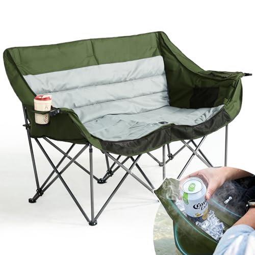 Oversized Double Duo Camping Chair Quad Folding Camping Loveseat Camping Couch, 2-Person Heavy Duty Lawn Chairs for Outside with Cup Hold- Supports 550 LBS Olive
