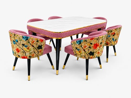 Image of WOODEN SPACE 6-Seater Wooden Dining Table Set | Nano Composite Marble Top | Solid Wood Base | Modern Dining Room Furniture with 6 Chairs (Pink Printed)