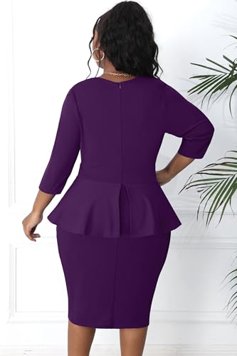 Image of Runwind Plus Size Dresses for Curvy Women, Work Church Professional Office Vintage Peplum Pencil Dress V Neck 3 /4 Sleeve