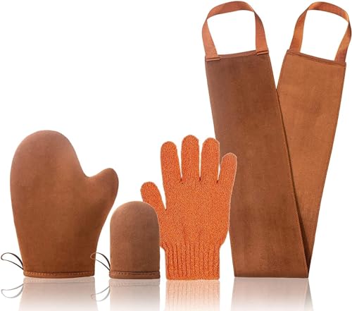 Selbstbräuner Handschuh 4er-Pack Premium Set mit Rückenapplikator – Handschuh Selbstbräuner Bräunungshandschuh für streifenfreie Sonnenbank- Heim-Bräunung. Ideal für Self Tanner Lotion, Creme Mousse