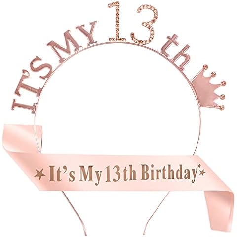 LAMEK 13th Happy Birthday Sash and Crown,Rose Gold Tiara Set with Rhinestone Design for Girl 13th Birthday Party Decoration Supplies and Photography Prop Cover