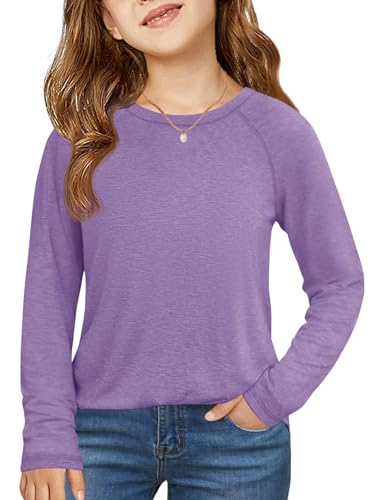 Haloumoning Girls Raglan Long Sleeve Shirts Kids Curve Hem Crewneck Tunic Tops Fashion T-Shirts 5-14Y