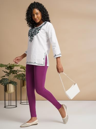 Image of ONE SKY Women Full Length Leggings | Cotton Modal Spandex Blend | High Waist Stretchable & Bio-Washed Fabric | Colour-Lock Technology | Comfortable Leggings for Women