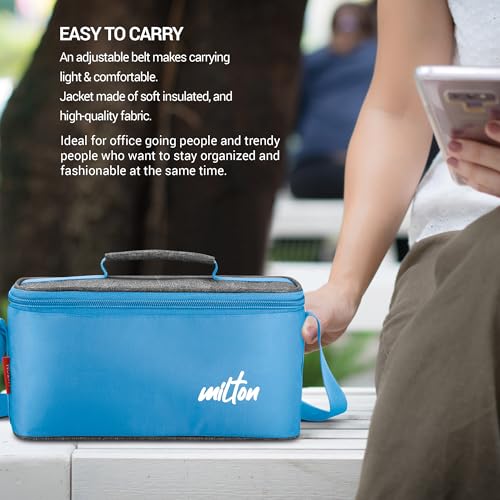 Image of MILTON Steel Smart Lunch Box (2 Round Inner Steel Containers 500ml Each, 1 Oval Container 675ml; Spoon) with Insulated Fabric Bag, Blue, Leak Proof, Odour Proof, Easy to Carry, Food Grade