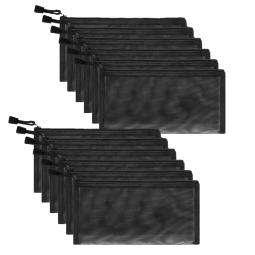 Sinzip 12 Pieces Zipper Nylon Mesh Pouch, Mesh Cosmetic Bags Makeup Bags Pencil Case, Multipurpose Travel Bags for Cosmetic School Office Supplies and Travel Accessories (Black, B6)