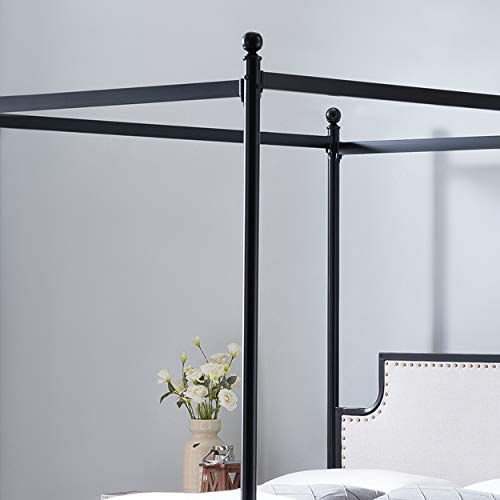 Christopher Knight Home Asa Queen Size Iron Canopy Bed Frame With Upholstered Studded Headboard, Beige And Flat Black #TOP3