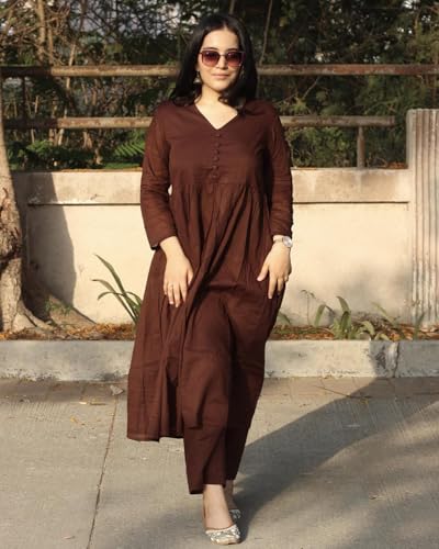 Image of Anarkali Kurta Pant Set for Women Long Flared V-Neck Kurta | Office & Casual Wear | 3 /4 Sleeve | Button Front | Karwa Chauth & Diwali Special Office wear