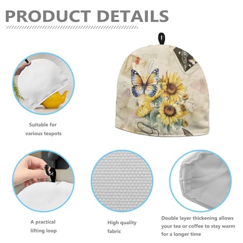 Image of Tea Cozy Tea Pot Cover Keep Tea Warm Insulation Teapot Cozies Machine Washable Kettle Quilt Breakfast Warmer Teapot Warmer Home Indoor Decoration, Butterfly Sunflower Retro