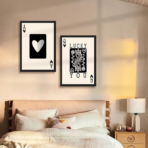 Image of NoWorries Typography Playing Cards Wall Art Framed Painting | Lucky Ace and Queen Heart Card Art Prints | Minimal Black & White Aesthetic Wall Decor | Premium 300 GSM Paper Print with Synthetic Wooden Frame | Modern Wall Art for Living Room, Bedroom & Office (Set of 2) (BLACK, ART-5, 13X19INCHES)