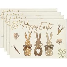 Artoid Mode Carrots Rabbit Bunny Happy Easter Placemats for Dining Table, 12 x 18 Inch Spring Seasonal Holiday Decoration Rustic Vintage Washable Table Mats Set of 4