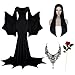 Aileam Halloween Morticia Addams Costumes Vintage Gothic Black Long Dress Outfit Women Wig Red Roses Flowers Necklace