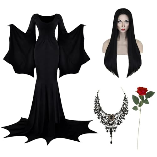 Halloween Morticia Addams Costumes Vintage Gothic Black Long Dress Outfit Women Wig Red Roses Flowers Necklace2