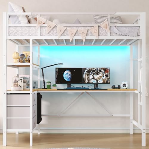 DICTAC Twin Loft Bed with L-Shaped Desk, LED Lights,Charging Station LED Loft Metal Bed Frame Twin Size with 3 Storage Shelves and 3 Fabric Drawers, Safety Guard & Ladder, No Box Spring Needed, White - Thumbnail 3
