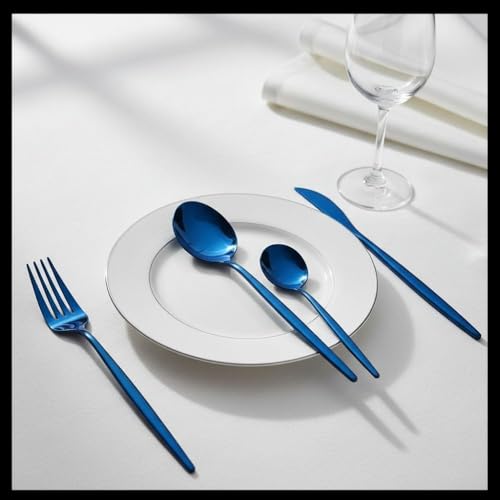 Image of 8 Pcs Blue Slim Handle Stainless Steel Cutlery Set for Dining Table with Spoons and Forks Set + Butterknives - The Perfect Tableware /Flatware