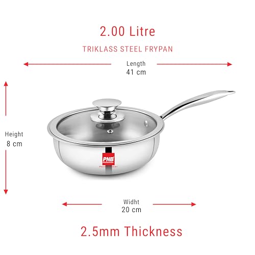 Image of PNB Triply Stainless Steel Frypan with Tempered Glass Lid | 20.5 cm 2 Litre | 3-Ply Induction Gas Compatible | PFOA Free | 5 Year Warranty | Ideal Frying Pan for Couple & Small Kitchen