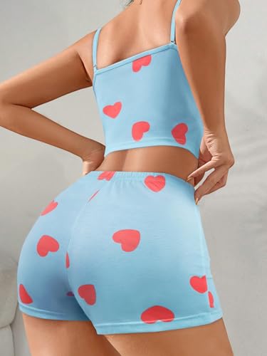 Image of Hilinker Womens Graphic 2 Piece Pajama Set Summer Cute Crop Cami and Shorts Ribbed Lounge Sets