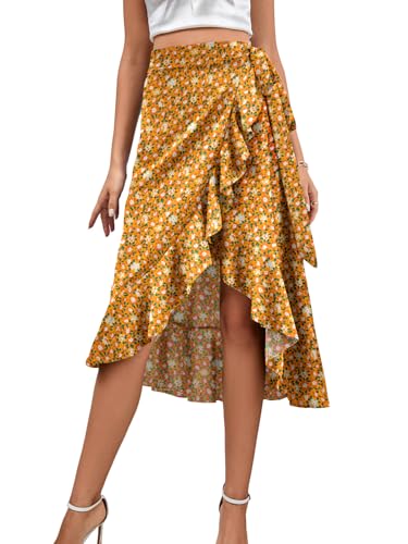 Image of LYANER Women's Boho Floral Print Wrap Front Self Tie Knot Ruffle Hem Split Midi Skirt