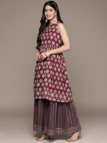 Image of ishin Women's Pure Cotton Maroon Abstract Printed A-Line Kurta suit set with Sharara & Dupatta