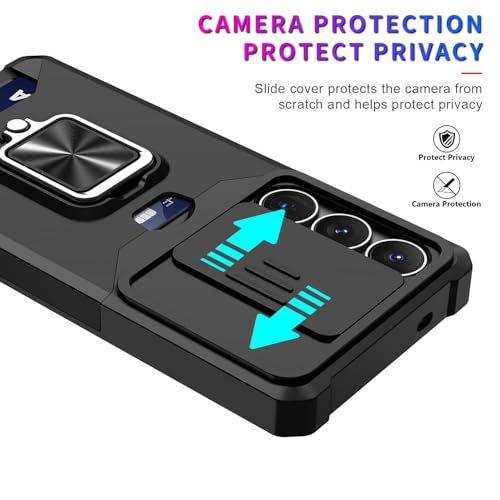 Image of LuxuryKase Shockproof Armor Case for Samsung Galaxy S26 Ultra | Slide Camera Cover | Hidden Card Slot | Rotating Ring Kickstand | Magnetic Car Mount Support | Military Grade Protection - Black