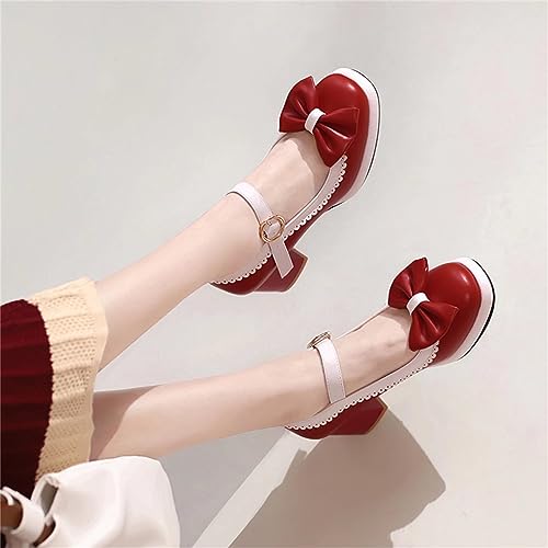 Image of FOREADA Lolita Bow Platform High Heel Women Rockabilly Mary Jane Dress Pump | Boasts soft kawaii retro vintage lolita tea party aesthetic, with block heel ,bow, round toe versatile style for dress wear