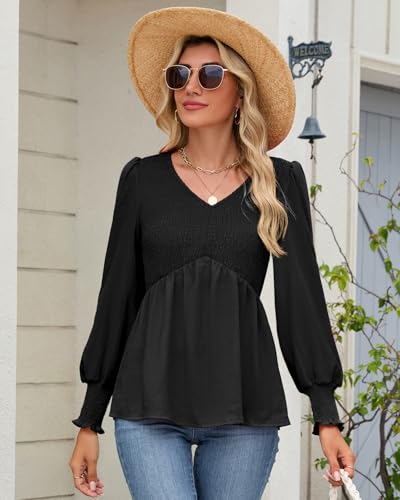 HEYTALALA Womens Long Sleeve Shirts V Neck Peplum Tops Dressy Casual Smocked Babydoll Blouses 2025 Fall Trendy Outfits4