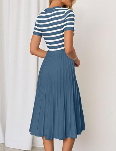 Women's Striped Knit Ribbed Wear to Work Dress, Short Sleeve Pleated A-Line Business Dress 20254
