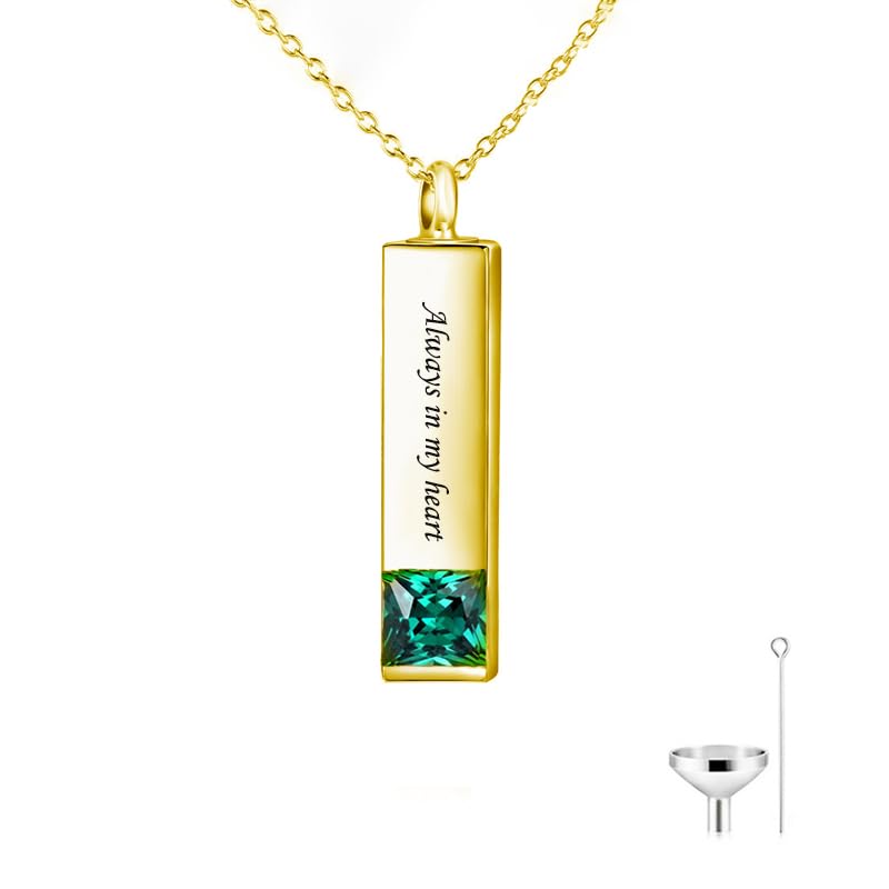 10K 14K 18K Solid Gold Personalized Bar Cremation Urn Necklace for Ashes Keepsake Urn Bar Birthstone Pendant Necklace for Women Men Cube Urn Memorial Ash Jewelry