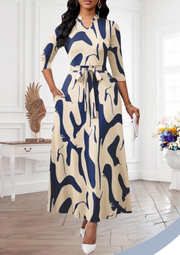 Image of BubFee Maxi Dresses for Women Semi Formal Long Dress 3 /4 Sleeve Casual A-line Church Dresses with Pockets