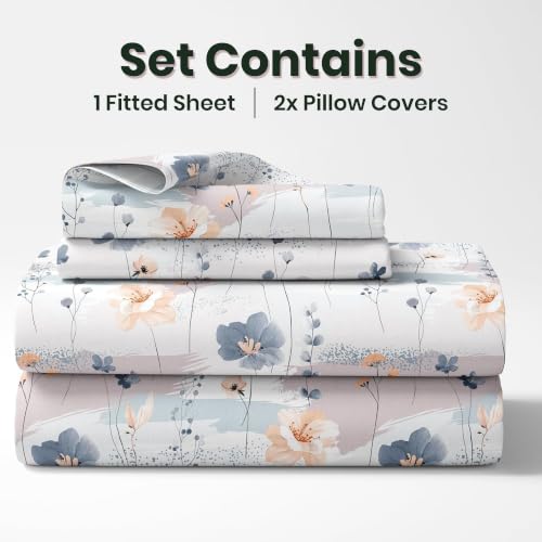 Image of LORETO - A QUALITY LINEN BRAND 210 TC 100% Pure Cotton King Size Fitted Bedsheet with 2 Pillow Covers for 78 x 72 Inch Mattress, All-Around Elastic, 8 Inch Deep Pocket, Blue & Peach