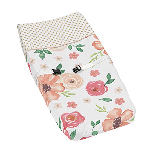Image of Sweet Jojo Designs Peach, Green and Gold Changing Pad Cover for Watercolor Floral Collection - Pink Rose Flower