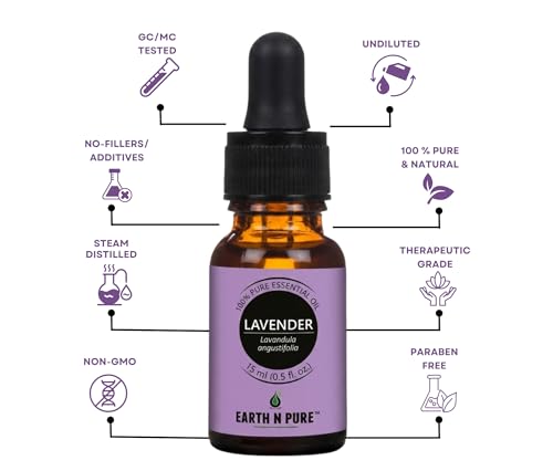 Image of Earth N Pure Lavender Essential Oil Sleep & Relaxation | GC /MS Tested | Rich in Linalool & Linalyl Acetate for Diffuser, Skin & Hair - 15ml