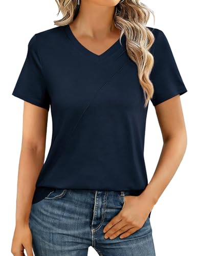 Crewhpo Damska koszulka z krótkim rękawem Letnie koszulki z okrągłym dekoltem Podstawowa koszulka jednokolorowa lekka koszulka na co dzień elegancki top S-XXL, B-granatowy, XL