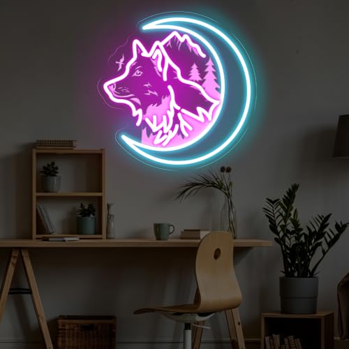 Image of Wolf And Moon Neon Sign Wolf Lovers GIft Wild Animal LED Light | Ainmal Lover Room Decor USB Powered Dimmable Home Wall Decoration 13 inchx13 inch