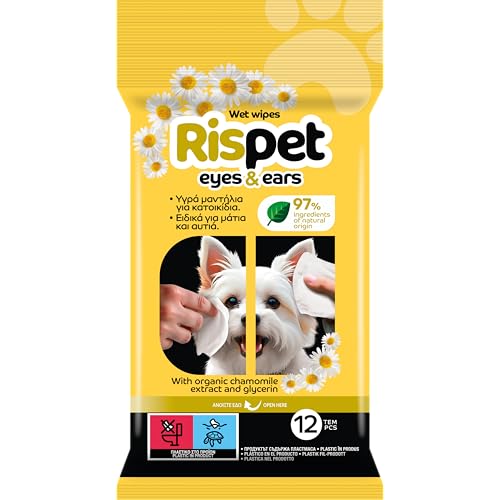 RISPET Salviette per Cani e Gatti, Detergenti e Idratanti per Occhi, Orecchie, Zampe e Pelo, Ingredienti di Origine Naturale - con estratto Biologico di Camomilla, 12 Salviettine