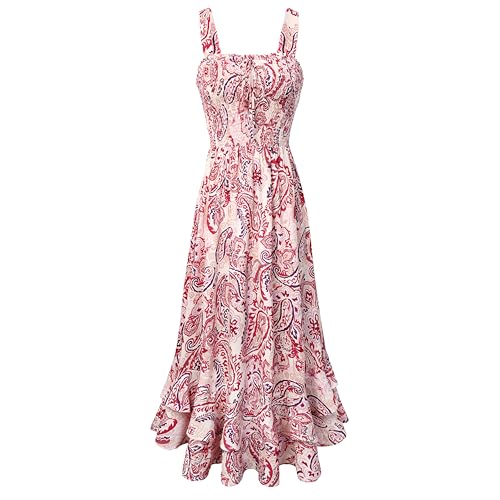 GRACE KARIN Robe longue d'été à bretelles florales pour femme, col carré, ourlet double couche, smocké, Motif cachemire rose., M