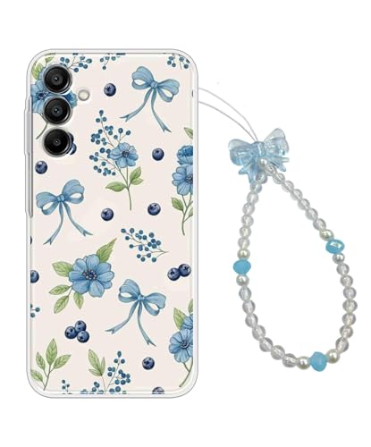 Image of COBERTA Printed Back Cover for Samsung Galaxy A17 5G Back Cover Case with Phone Charm Chain Strap Beads & Pearls for Girls Stylish - Blue Bows & Flowers Floral - D16956