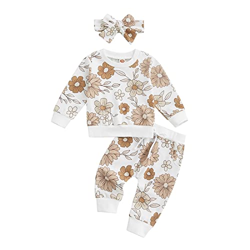Image of Lamuusaa Newborn Baby Girl Clothes Long Sleeve Crewneck Sweatshirt Floral Long Pants Headband Fall Winter Outfit 0-24M