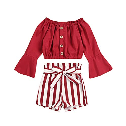 Girls Outfits&Set,Toddler Kids Baby Girls Ruffle Off Shoulder T Shirt Tops Striped Shorts Outfits,for Kids Easter Day Festival Birthday Gifts(Red,18-24 Months)
