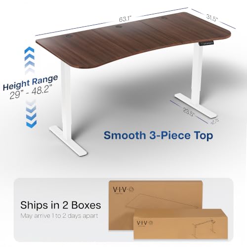 Image of VIVO Electric 63 x 32 in Standing Desk, Memory Height Adjustment, 1B Series, Holds 220 lbs, Dark Walnut Top White Frame, DESK-KIT-1W1D