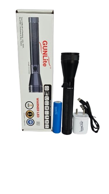 Gunlite LED Warner LED Torch with Rechargeable Battery, USB Charging, High Power Flashlight - Black-image-46