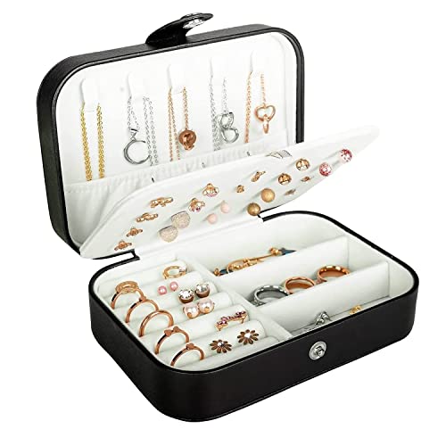Azcona Impex™ Travel Jewelry Box for Women Girls, Small Jewelry Organizer Storage for Earrings Rings Necklaces Bracelets, Double Layer Jewelry Case PU Leather Mini Jewelry Boxes Holder Display (Black)