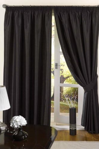 Luxury Faux Silk Slubbed Black Fully Lined Readymade Curtain Pair 90x72in(228x182cm) Including One Pair Of Co-Ordinating Tiebacks.