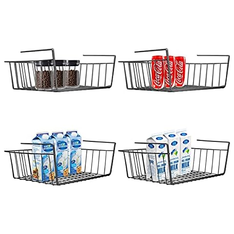 Under Shelf Basket, 4 Pack Black Wire Rack, Slides Under Shelves for Storage Space on Kitchen Pantry Desk Bookshelf Cupboard Cover