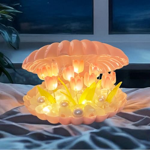 Image of Btag Shell Tulip Night Light Decorative Nights Lamp, DIY Tulips Flower Table Lamp Gift for Women, Girl, Soft Pink Glow, Home Decor (Shell Tulip)