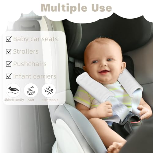 Image of GFU Car Seat Strap Pads for Baby, Soft Shoulder Pads for Comfort, Reversible Seatbelt Covers for Kids, Perfect for Baby Car Seat, Stroller, Swing, High Chair, Size: 6.5 x 6.5 inch, White