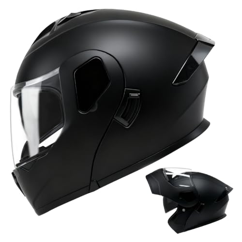 TTMiku Adult Motorcycle Helmet Modular, Full Face Flip Up Dual Visor Street Dirt Bike ATV Snowmobile Moped Motorbike Casco, DOT Approved, Matte Black, L