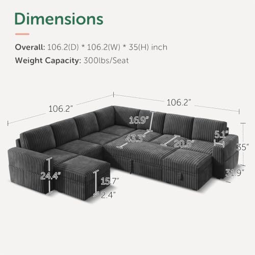 Image of HONBAY Modular Sectional Sleeper Sofa with Pull Out Bed Oversized Corduroy L Shaped Sofa Bed with Storage Couches for Living Room,Dark Grey